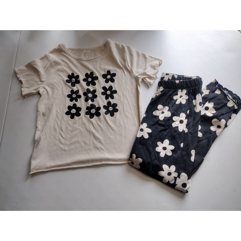 Cat & Jack Kids Girls Daisy Smiley Face Pajama Set Cream Black Size‎ L 10/12